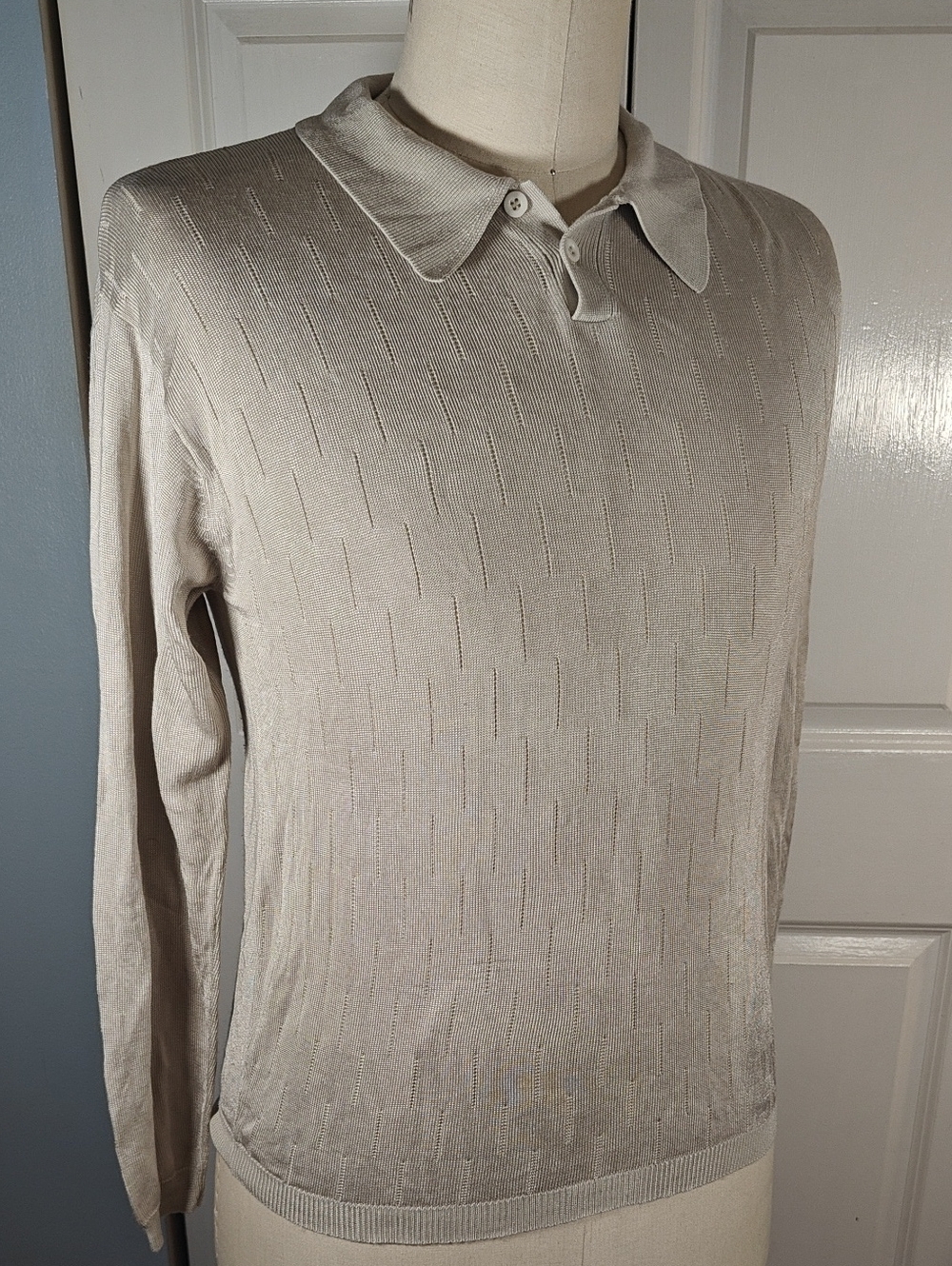 Vintage 80s Cassel Men Cream Textured Knit Long Sleeve Polo Shirt Large